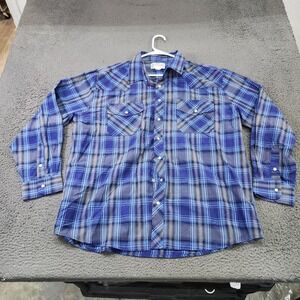 Haband Shirt Mens 3XL Blue Plaid Long Sleeve Snap Front Western Woven Casual